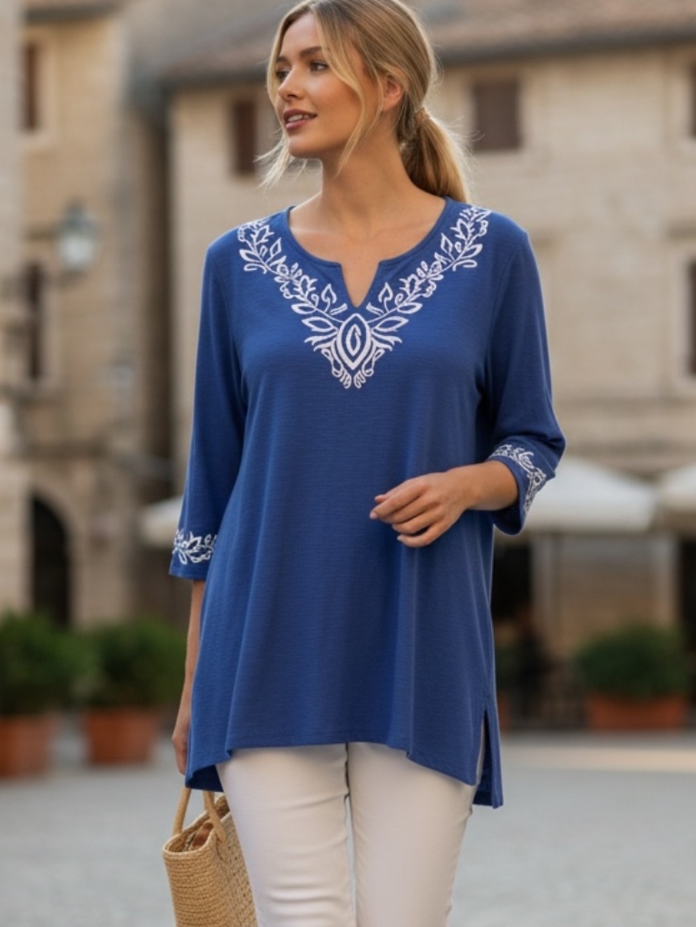 Allison Daley Blue Embroidered Tunic Top Size L